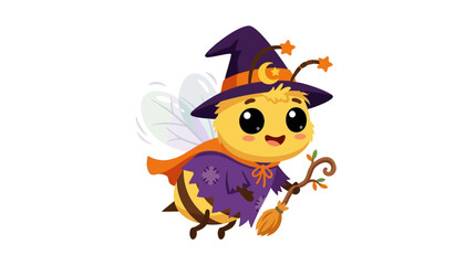 Fototapeta premium Cute Halloween Bee Character with Witch Hat and Broom