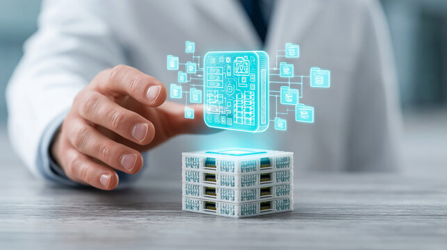 Holographic server data architecture with blue glowing network nodes and connectivity icons for cloud computing storage.