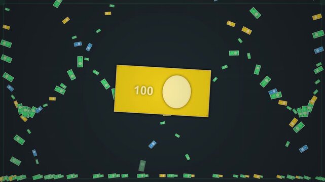 Abstract yellow money banknotes floating over digital wave patterns