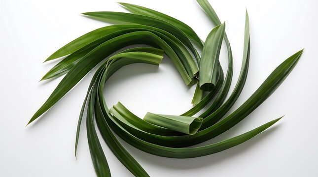 Fresh green pandan leaves arranged in a circular swirl pattern.