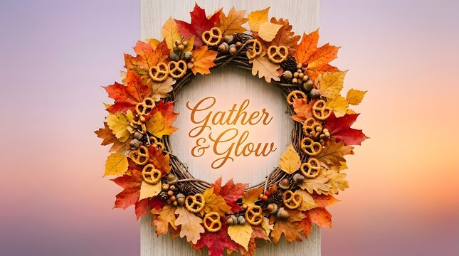 Autumn wreath with fall leaves and pretzels