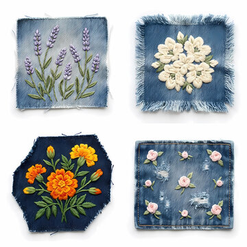 Set of four floral embroidery patches featuring lavender white blossoms marigolds and rosebuds stitched onto denim fabric squares which serve as decorative elements for personalized clothing