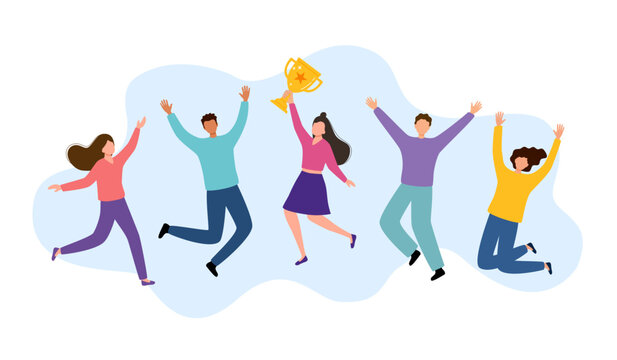 Celebration trophy, diverse people winning, jumping, success, gold cup, victory joy, team achievement