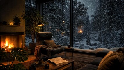 Obraz premium Cozy living room with fireplace overlooking snowy forest outside