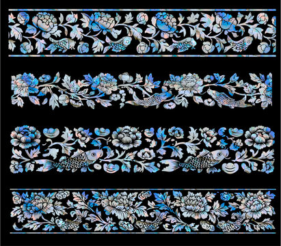 Mother of pearl traditional blue peony flowers and carp fish decorative borders set