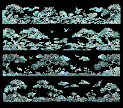Mother of pearl traditional ten longevity symbols landscape decorative borders set