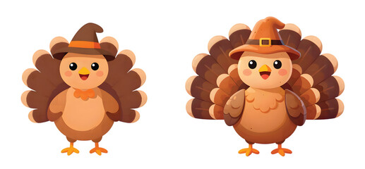 Obraz premium Cute Thanksgiving Turkey Cartoon: Adorable cute Thanksgiving turkey cartoon decoration, warm autumn palette, round fluffy turkey with tiny orange feet, cheerful friendly expression, PNG cut out