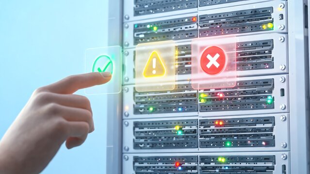 Cloud Hosting Data Center Close Up with SLA Performance Monitoring Holographic UI