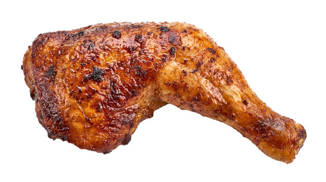 Delicious roasted chicken leg with crispy skin isolated on transparent background