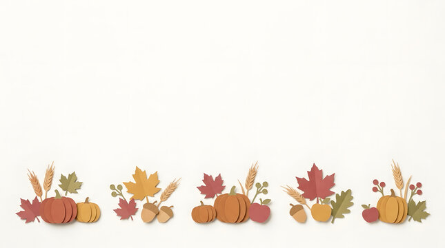 A festive autumn border featuring hand drawn watercolor pumpkins and colorful fall leaves isolated on a clean white background
