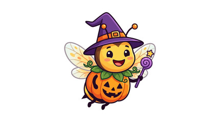 Fototapeta premium Cute Halloween Bee Witch with Pumpkin Body and Magic Wand