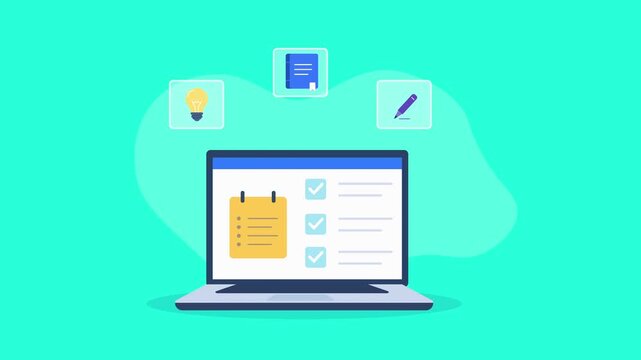 Animated video showing a laptop with a digital task management interface, checklist, calendar, and planning icons on a bright turquoise background.