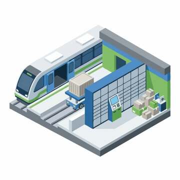 Modern isometric train station interior with office space.