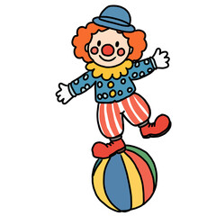 Cute Hand Drawn Clown Balancing on Ball Circus Doodle. Cute hand drawn clown balancing on a colorful circus ball, wearing a playful costume and hat. Cheerful circus-themed cartoon illustration isolate © esra
