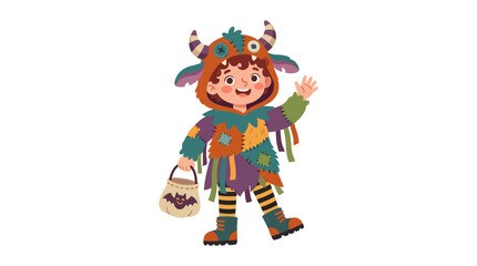Naklejka premium Child in Cute Monster Costume Waving with Candy Bag