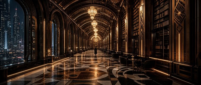 Grand futuristic library hall overlooking night city skyline