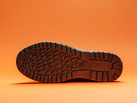 Side view of a brown rubber shoe sole on a vibrant orange background