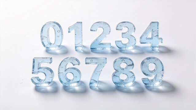Transparent ice blue texture 3D dimensional numbers 0 to 9 on white background, frozen frost typography with bubbles and scratches, suitable for winter ice theme design layout.