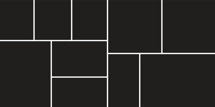 10 Photo frames. Blank photo collage template made of many parts .Mood board background. Gallery Album brandboard grid design. Portfolio images mockup. rectangle, square mosaic picture frame template.
