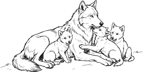 Fototapeta premium Mother Wolf With Pups Lying Together Black and White Line Art