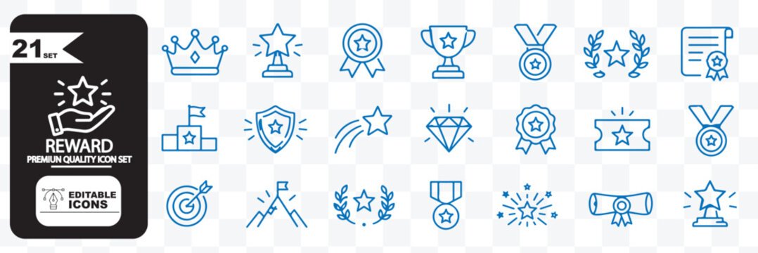 Set of reward points outline icons with star, badge, gift, coin, discount card, money, shopping bag, hand, and target
