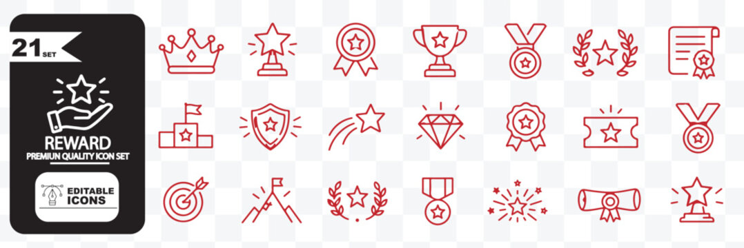 Set of reward points outline icons with star, badge, gift, coin, discount card, money, shopping bag, hand, and target
