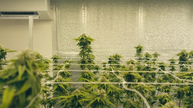 Professional indoor cannabis cultivation facility with flowering plants and trellis support.