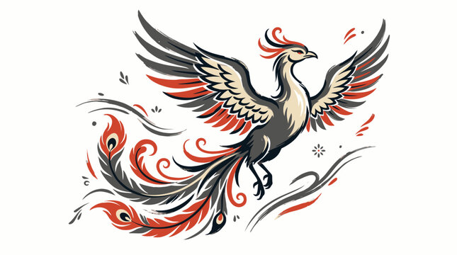 Stylized illustration of a mythical phoenix firebird in flight with colorful feathers. EPS Editable