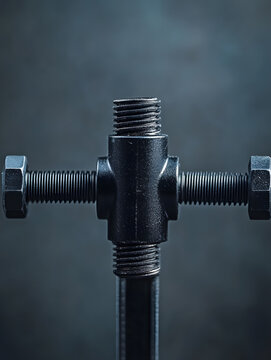 Close-up of a black plastic pipe clamp T-joint with threaded rod ends