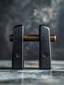 Pipe clamp with brass threaded rod standing on a weathered dark surface