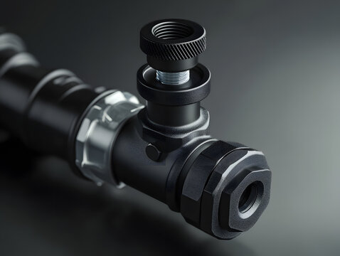 Close-up of a black industrial pipe valve fitting at an angle with soft studio lighting