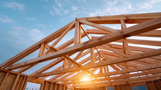 Low angle view of newly constructed wooden roof truss system against clear blue sky with lens flare from bright sunshine.