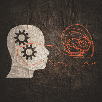 Human head with gears and technical wheels inside. Productivity, effectiveness concept. Intelligence and knowledge development with brain performance. Metaphor of problem, difficult situation solving
