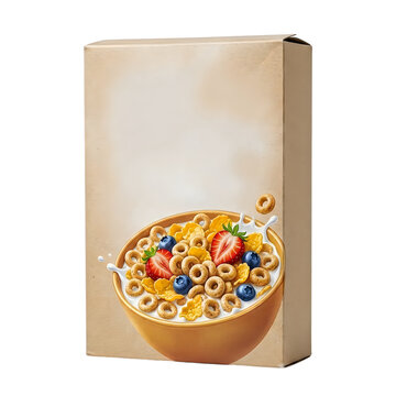 Blank cardboard cereal box with a bowl of fruit and milk isolated on transparent background