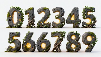 Obraz premium Stone texture numbers 0 to 9 with moss vines and white flowers on white background, natural fantasy 3D typography with inner warm glowing light design.