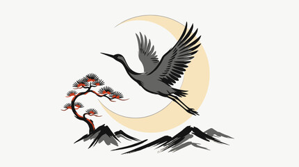 Fototapeta premium Traditional oriental ink painting of a flying crane bird with moon pine tree and mountains. EPS Editable