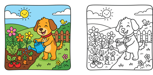 Fototapeta premium Cute cartoon dog watering garden flowers and vegetables vector illustration with coloring page line art for kids activity (132 characters)