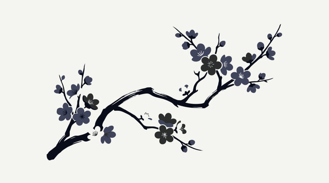 Traditional oriental ink painting illustration of blossoming plum cherry branch with dark flowers. EPS Editable