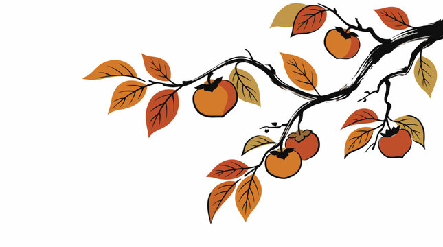 Traditional Oriental Ink Painting of Persimmon Branch with Ripe Orange Fruits and Autumn Leaves. EPS Editable