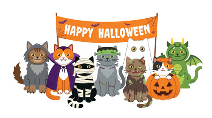 Fototapeta premium Cute Cats in Halloween Costumes with Banner