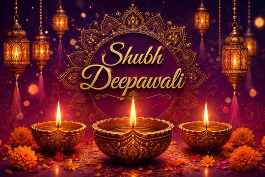 Shubh Deepawali greeting with glowing diyas, decorative lanterns and floral festive background