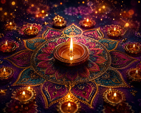 Shubh Deepawali greeting with glowing diyas, lanterns and marigold flowers in festive setting