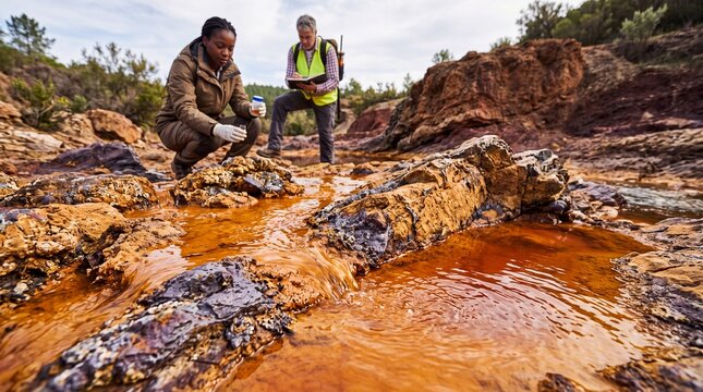 Geologists sampling highly acidic orange river water at Rio Tinto mine