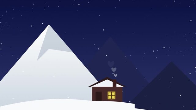 Cozy cabin beneath snowy mountains under a starlit night sky vector background
