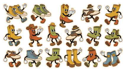Obraz premium Set of cute cartoon shoes and boots characters dancing in retro 1930s rubber hose animation style