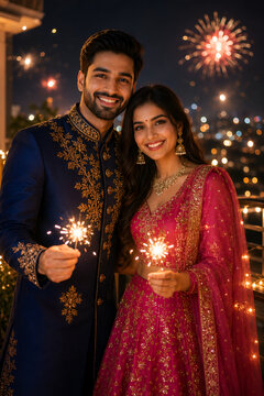 Happy Diwali celebration portrait of a couple in traditional attire with fireworks and sparklers