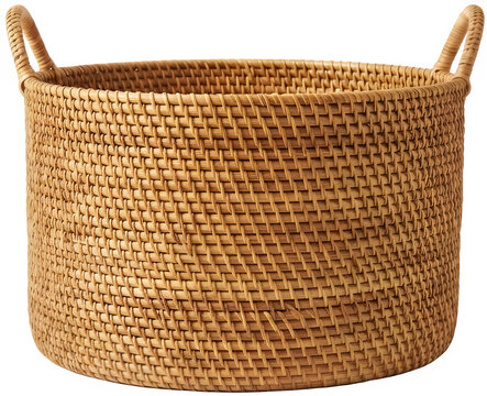 갈색 등나무 짚을 촘촘하게 엮어 만든 원통형 천연 라탄 수납 바구니
Cylindrical natural rattan storage basket made by tightly weaving brown rattan straw
