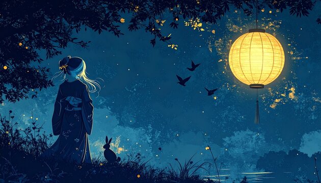 Mysterious Japanese fantasy night scene with a graceful kimono-clad woman, glowing golden lantern and silhouetted rabbits