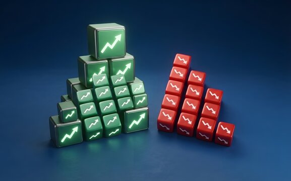 A stark visual representation of market fluctuations, with rows of green dice displaying upward trending arrows contrasted against red dice showing downward trends