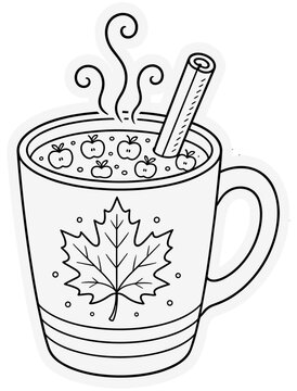 Autumn Apple Cider Mug Sticker Line Art Vector